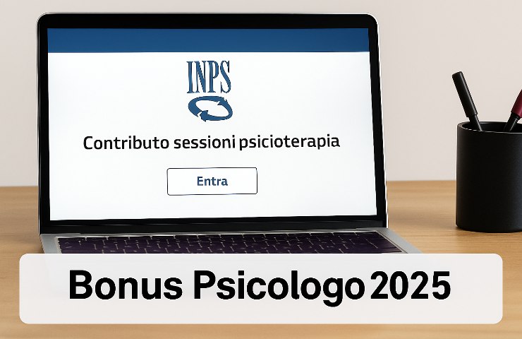 Pc con schermata sul sito INPS e scritta Bonus psicologo 2025