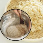 sfondo okara e tondo con ciotola con impasto