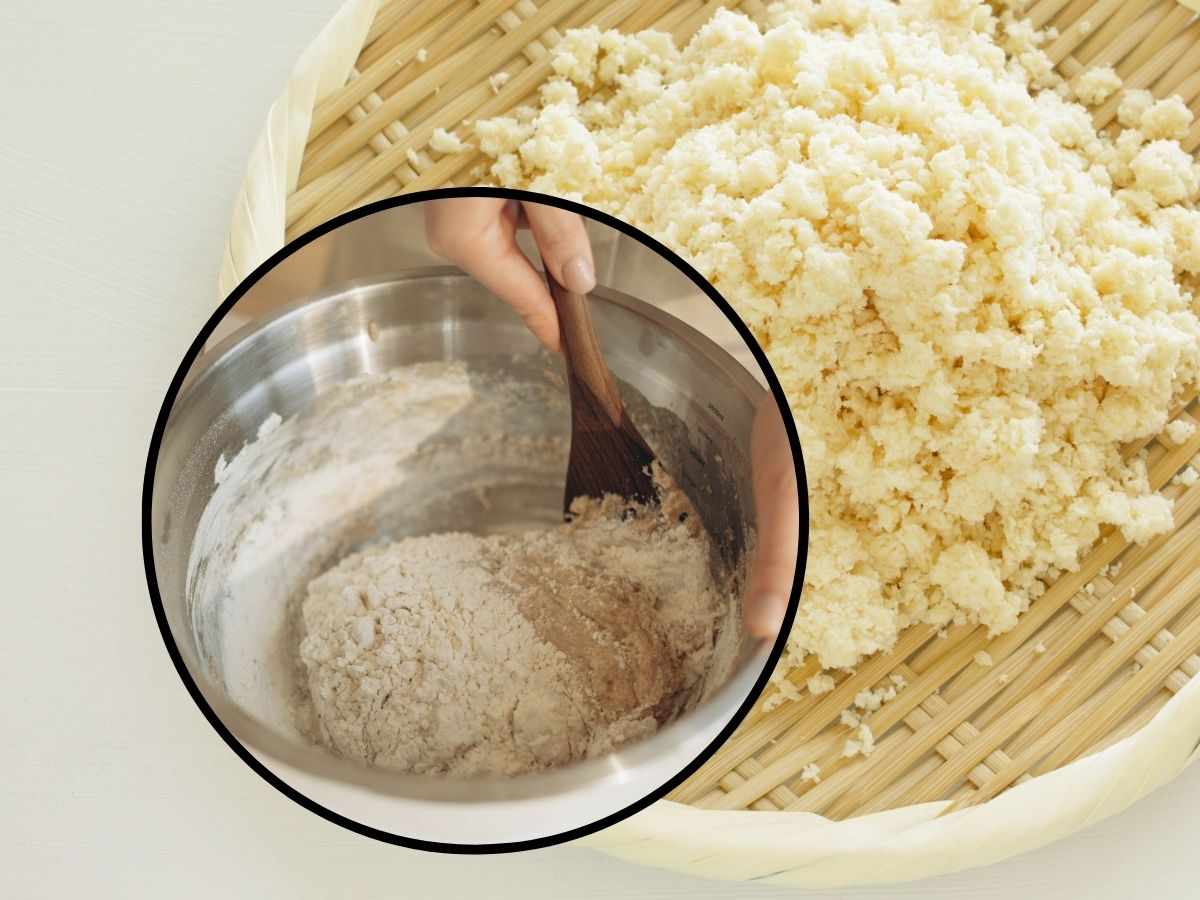 sfondo okara e tondo con ciotola con impasto