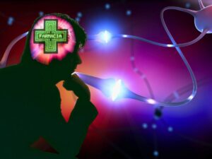 sfondo sinapsi attive e uomo con cervello e simbolo farmacia
